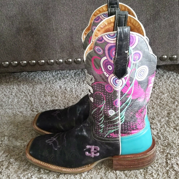 CINCH Edge "QUEENISM" black marbled leather cowgirl western boots square toe sz7 - Picture 7 of 16